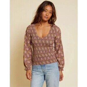 Nation LTD Bunny Floral Smocked Puff Long Sleeve Cottagecore V-Neck Cotton Top L